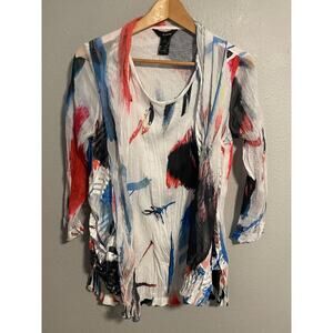 Ali Miles Tunic Top Womens Small Multicolor Abstract Crinkle 3/4 Sleeve Artsy